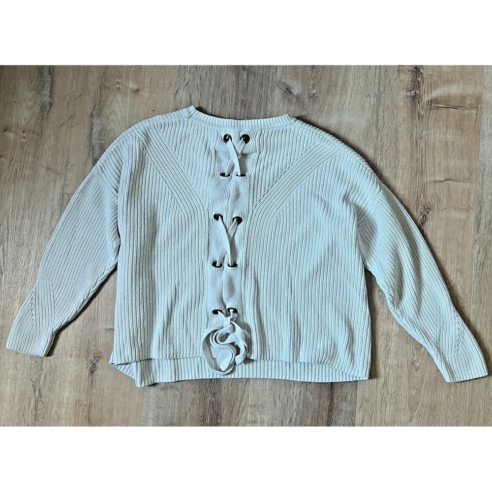 Lucky Brand Sweater Womens XL Cream Breen Pullover Cotton Lace Up Back Crop Boxy